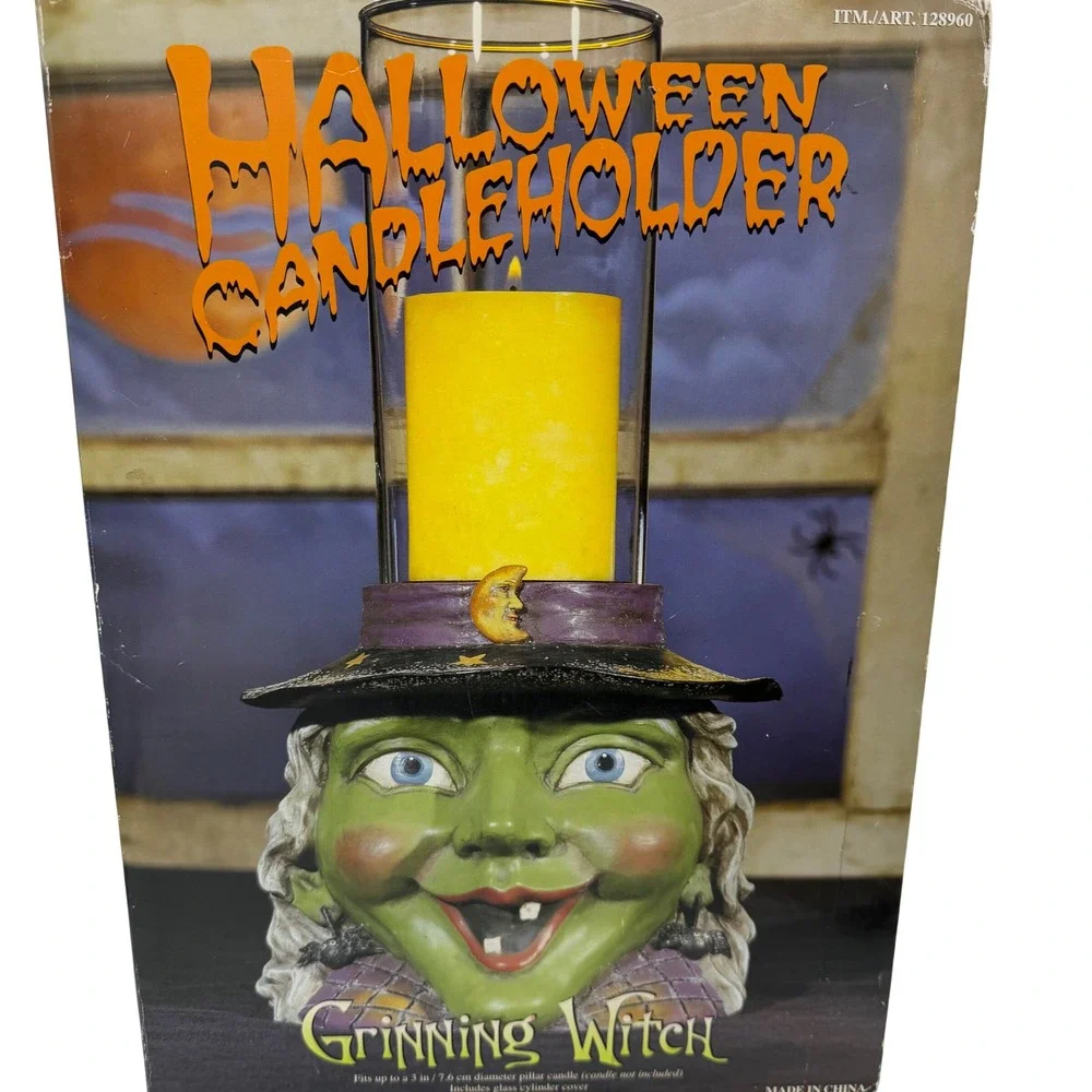 Vtg Lg Kirkland Halloween‎ Grinning Witch Head Pillar Candleholder Costco READ